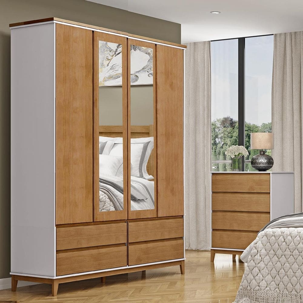 Conjunto Quarto: Guarda-Roupa 4 Portas 4 Gavetas Cômoda 4 Gavetas Prata Off White/Freijó Madeira Pinus - Finestra