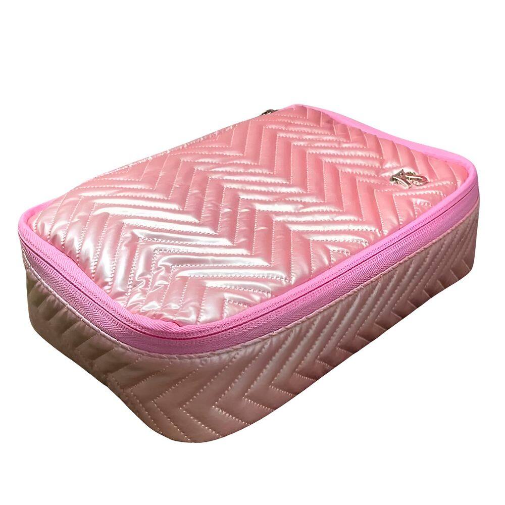 Bolsa Necessaire Estilo Matelassê Chevron Metálico Rosa