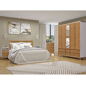 Conjunto Quarto: Guarda-Roupa 5 Portas Cama Queen Cômoda 2 Mesas Cabeceiras Prata Off White/Freijó Madeira Pinus - Finestra