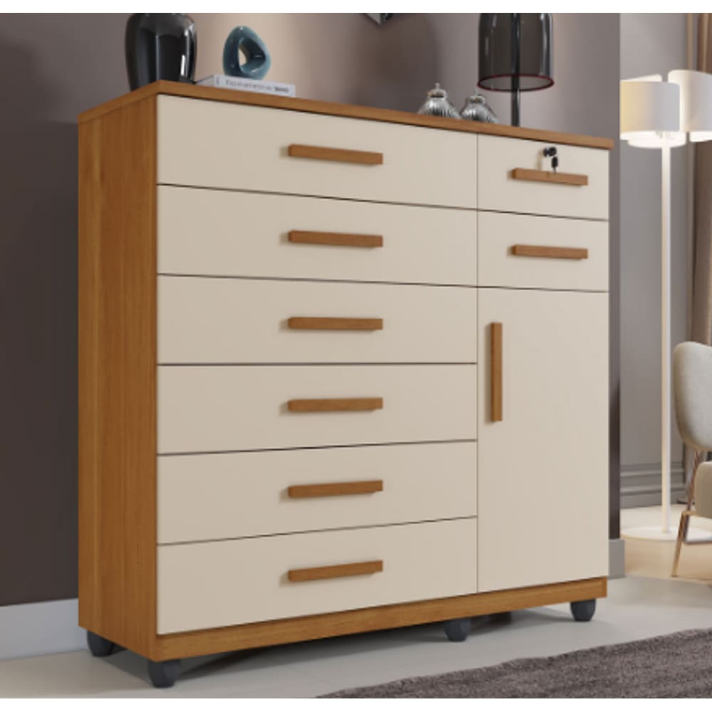 Cômoda New Vitória 8 Gavetas 1 Porta Benetil Móveis - Cinamomo/Off