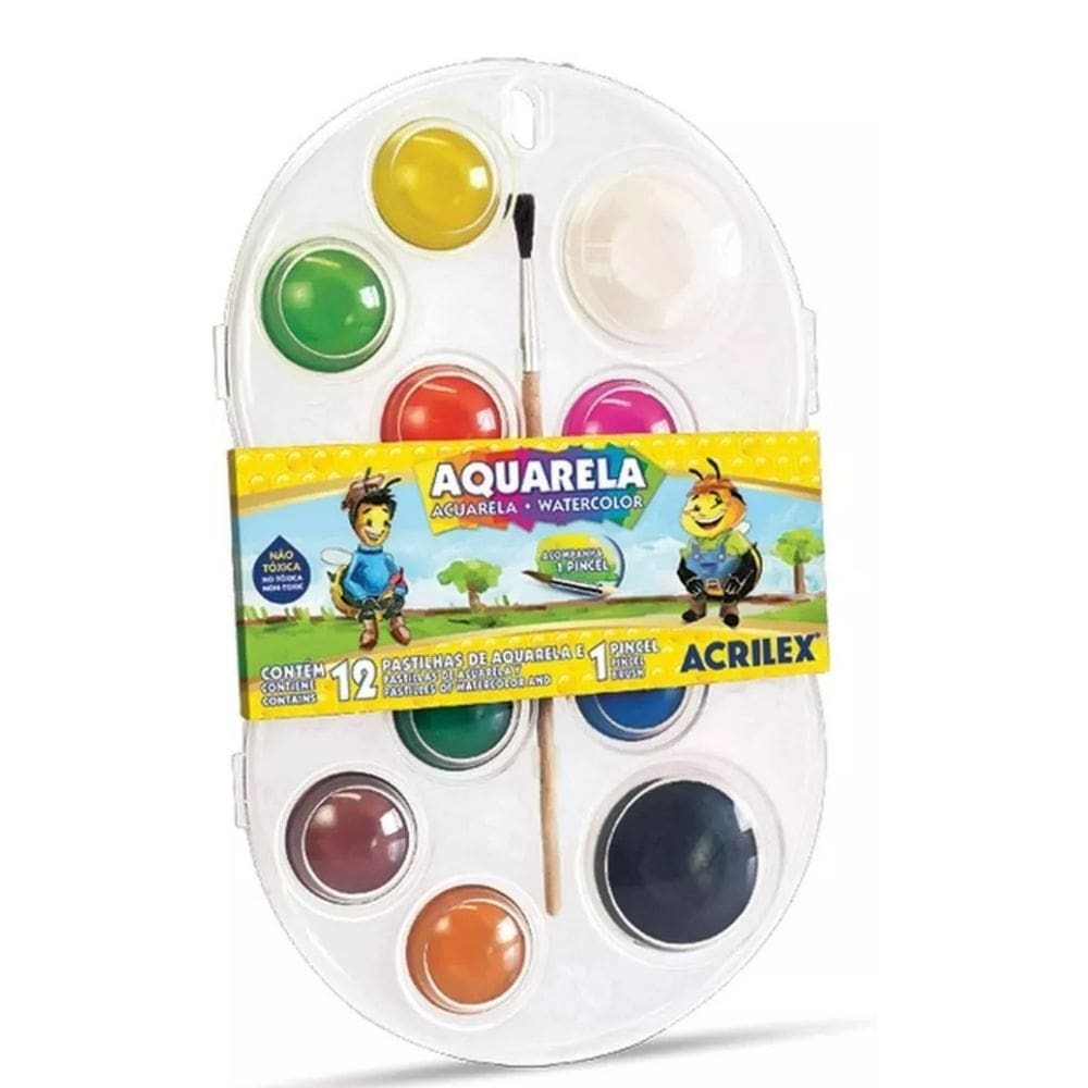 Aquarela Acrilex C/ 12 Cores Diversas Acompanha Pincel Brush
