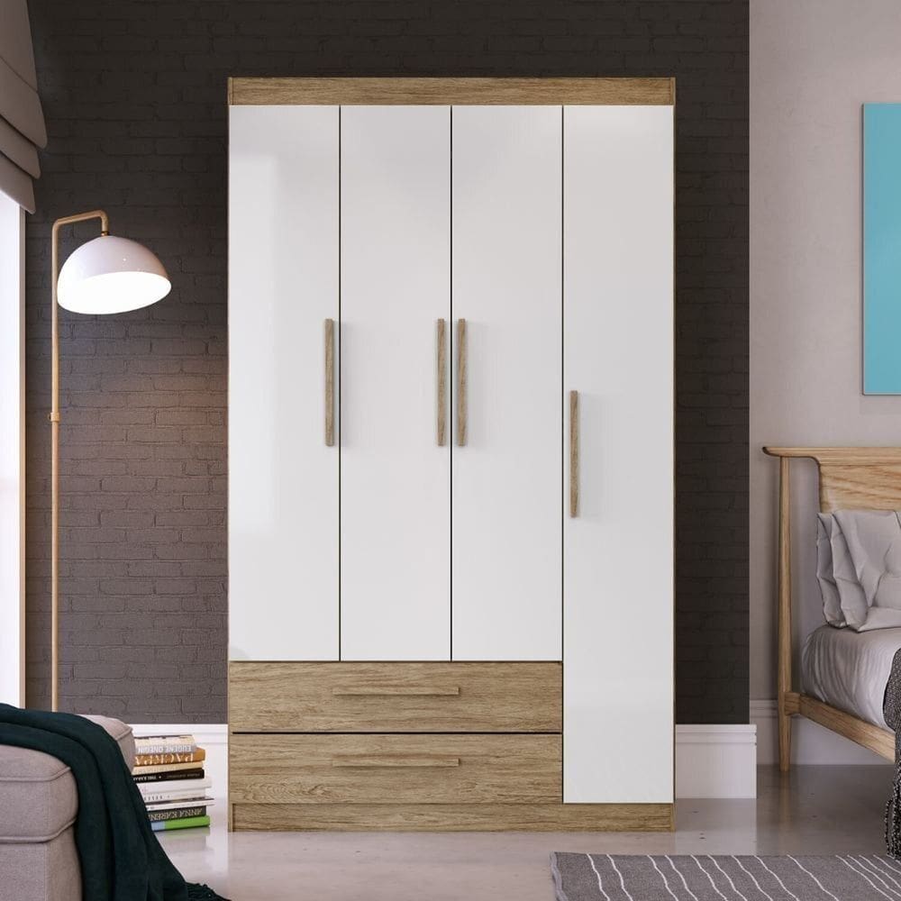 Guarda-Roupa Casal 4 Portas 2 Gavetas Wood/Branco Brilho