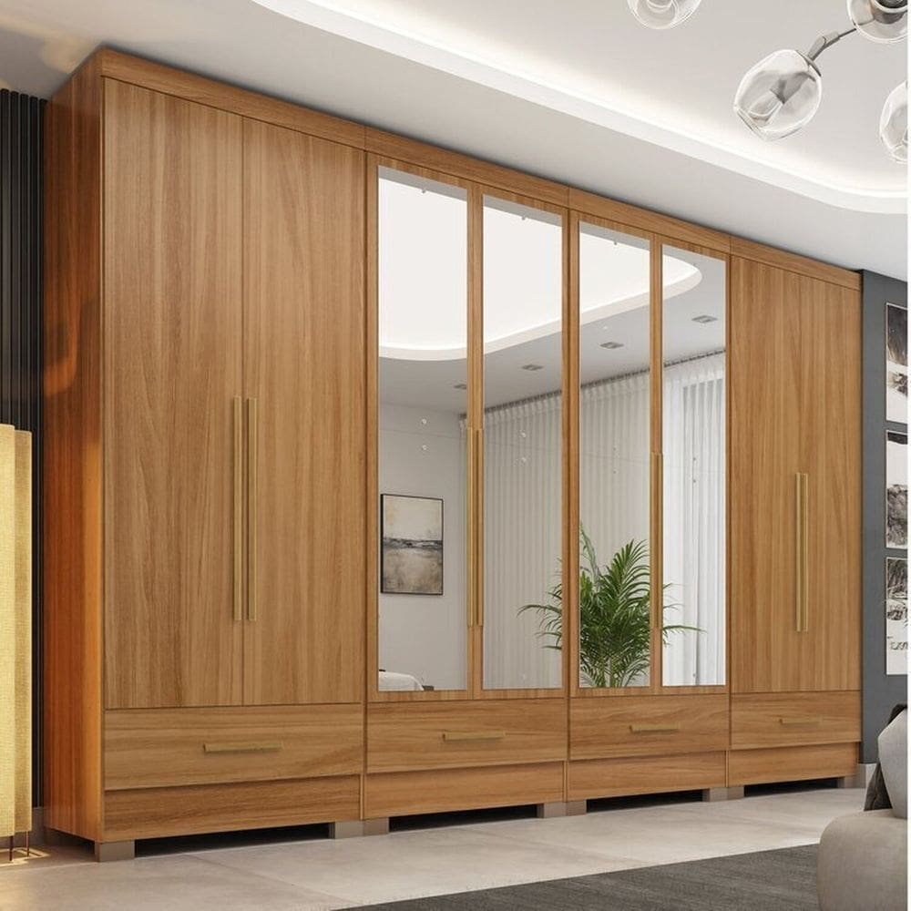 Quarto Modulado 4 Peças 8 Portas 4 Gavetas com Espelhos Smart Plus Cinamomo