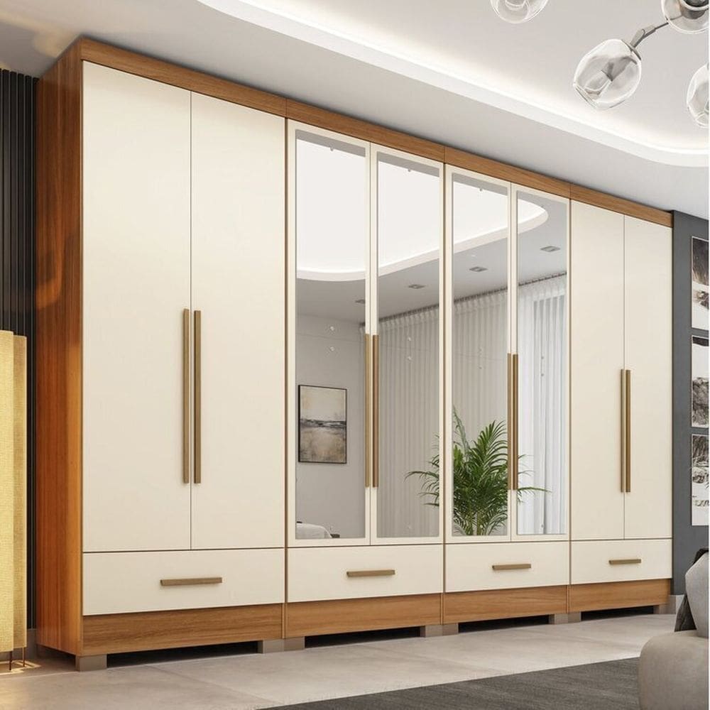 Quarto Modulado 4 Peças 8 Portas 4 Gavetas com Espelhos Smart Plus Cinamomo/Offwhite