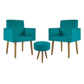 Kit 02 Cadeiras Poltronas Decorativas Com Puff Salão Balaqui Decor Azul Turquesa