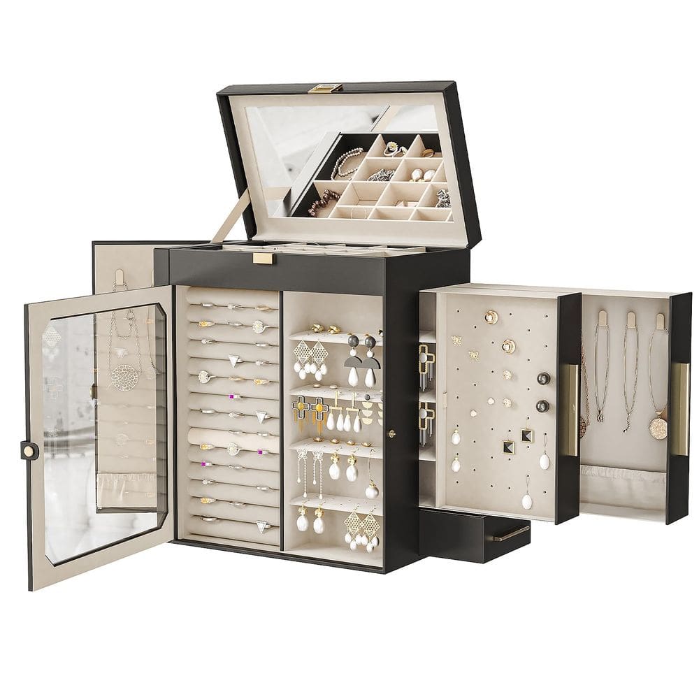 Caixa de joias HOOBRO com espelho, organizador de viagens preto