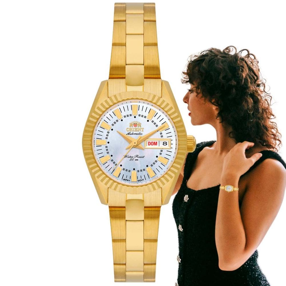 Relógio Orient Feminino Automático Pequeno Redondo Mecânico Prova Dágua 50 Metros Dourado NH6SS005 B1KX