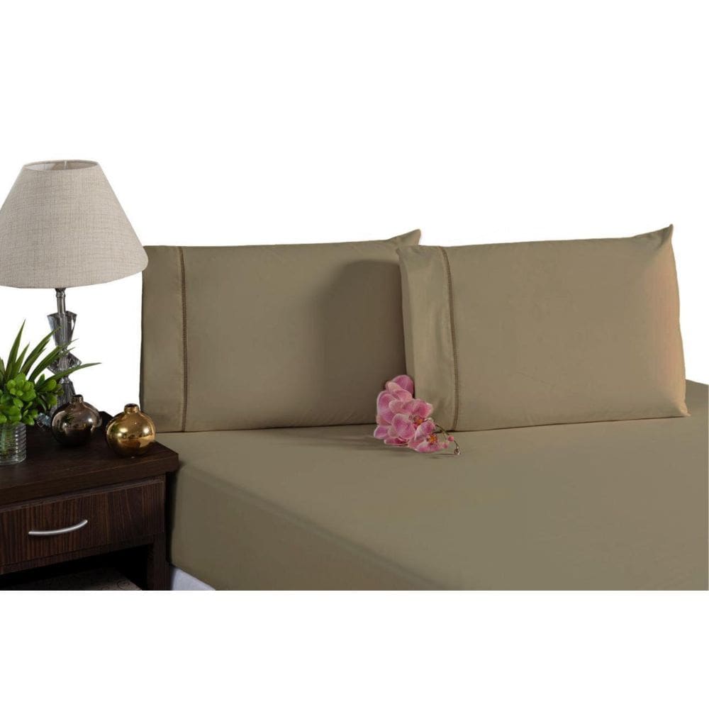 Jogo Lençol Cama Queen Ponto Palito 400 Fios Caqui 3Pçs