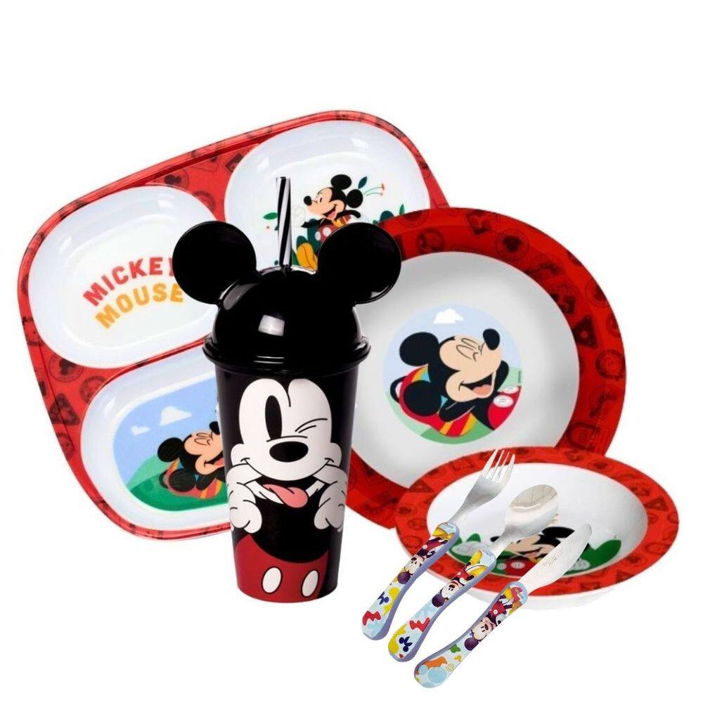 Kit Refeição Infantil Mickey Disney 7 Peças Pratos, Bandeja, Copo e Talheres - Tuut