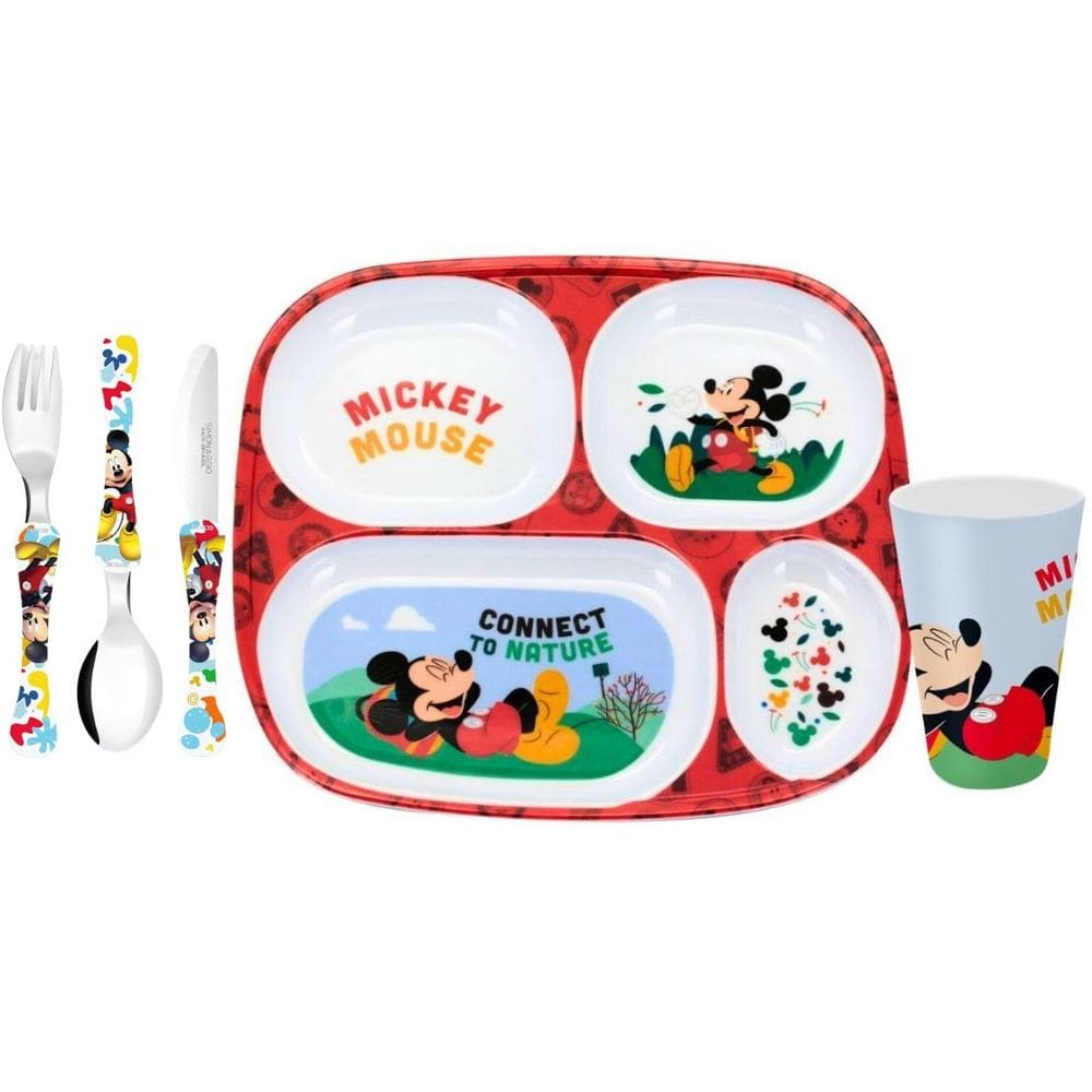 Kit Prato Refeição Infantil 4 Divisórias, Copo Melamina e Talheres Mickey Disney - Tuut