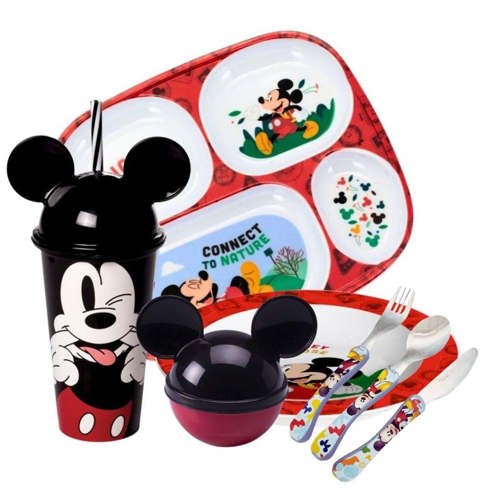 Kit Refeição Infantil Mickey Disney 7 Peças Pratos, Bandeja, Copo e Talheres - Tuut