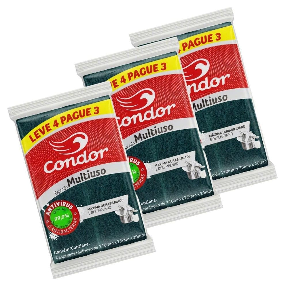 Kit 12 Unidades Esponja Bucha Multiuso Condor 3 Pacotes X 4