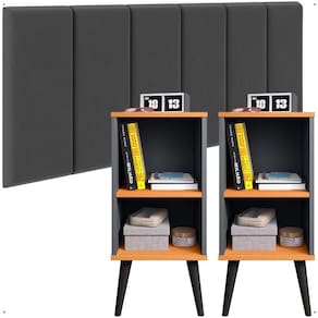 Jogo Quarto Casal 2 Mesinhas Charme Retrô Prateleira Nicho Cinza/Cinamomo Cabeceira Suspensa Julia Cama Box Queen 1,60 Cinza Suede - Lojas RPM