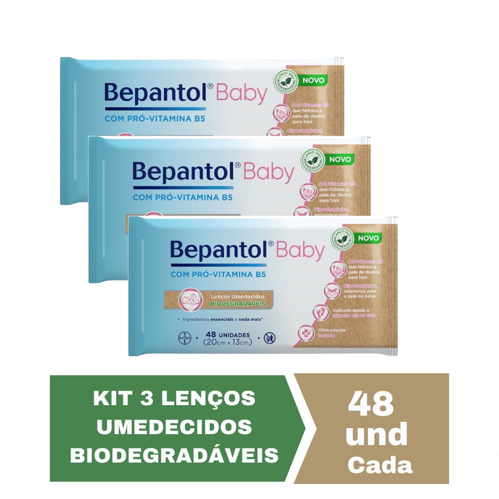 Kit com 3 Lenços Umedecidos Biodegradável 48un Cada Bepantol