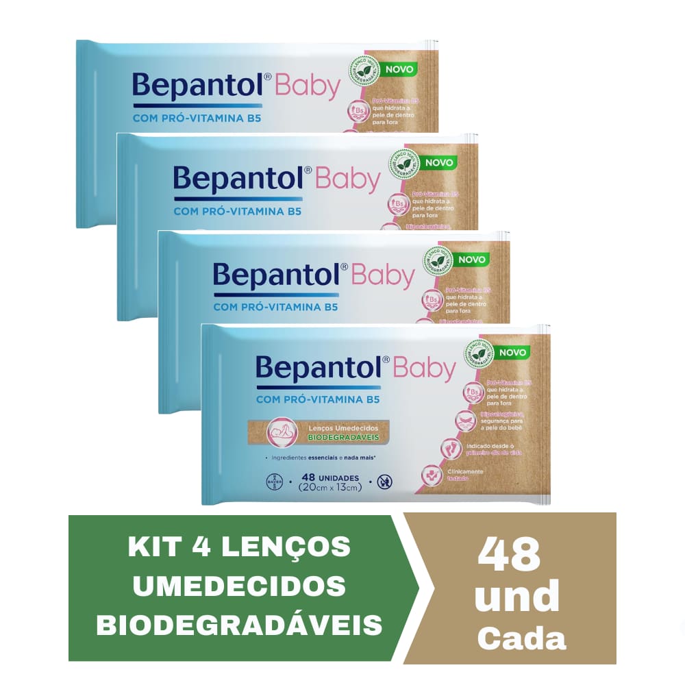 Kit com 4 Lenços Umedecidos Biodegradável 48un Cada Bepantol