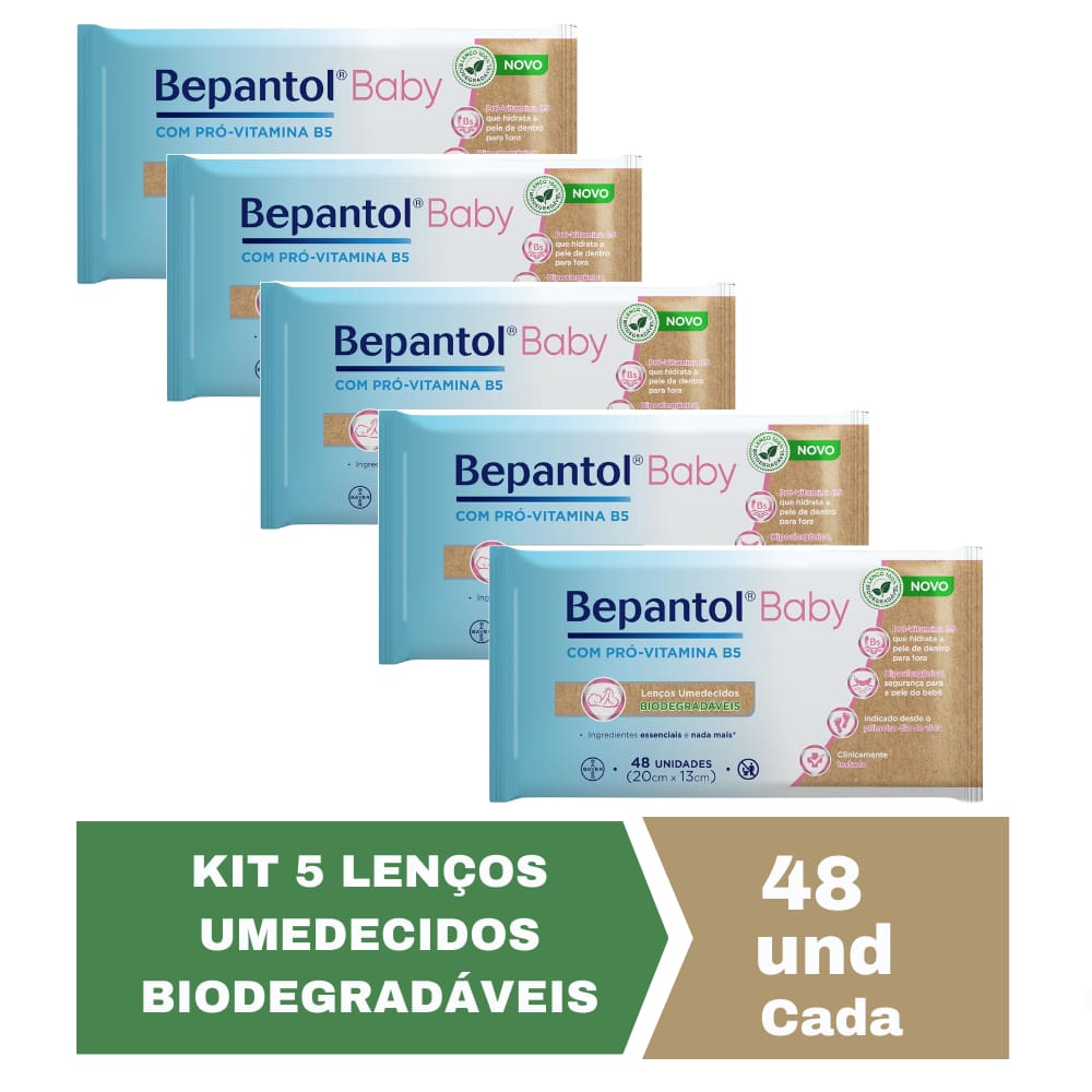 Kit com 5 Lenços Umedecidos Biodegradável 48un Cada Bepantol