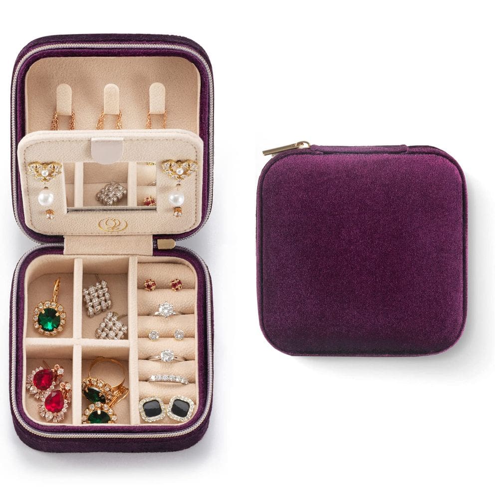 Estojo de joias de viagem ZPROW de veludo de pelúcia com espelho - roxo