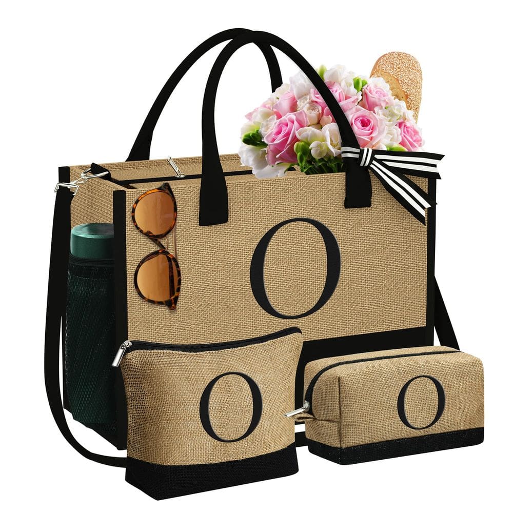 Sacola YOOLIFE Monogram Jute para mulheres com 2 bolsas de maquiagem