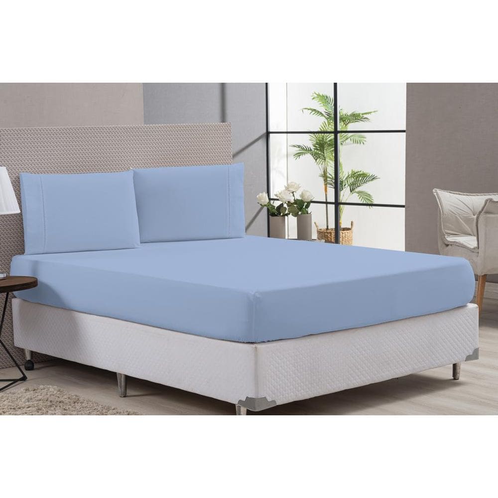 Kit Lençol Com Elástico E Fronha 100% Algodão Azul Padrão
