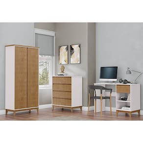Conjunto Quarto: Guarda-Roupa 2 Portas Cômoda 4 Gavetas, Escrivaninha Off White/Freijó Prata Madeira Pinus - Finestra