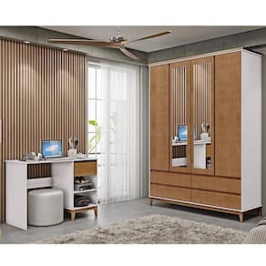 Conjunto Quarto: Guarda-Roupa 4 Portas 4 Gavetas Escrivaninha 1 Gaveta Off White/Freijó Prata Madeira Pinus - Finestra
