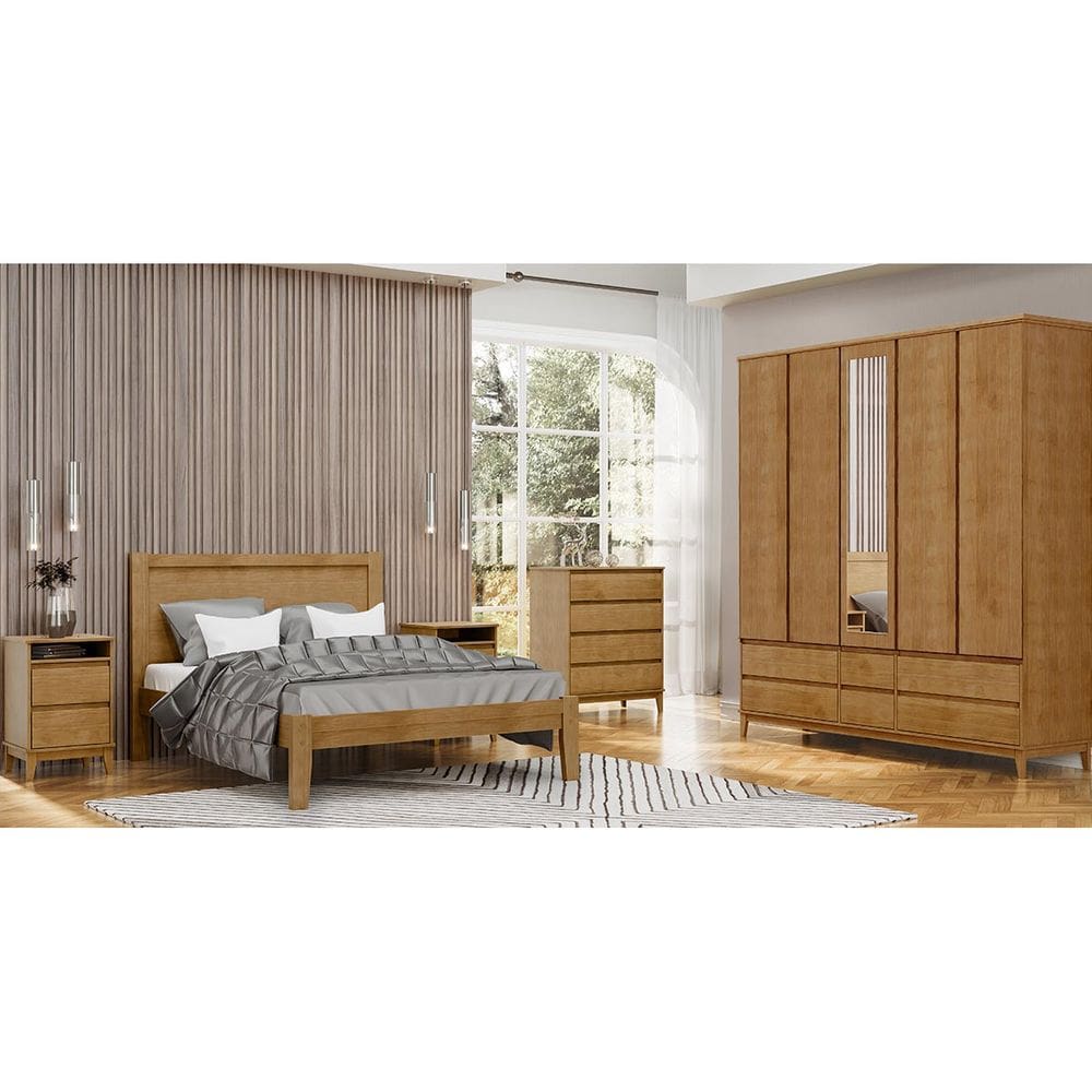 Conjunto Quarto: Guarda-Roupa 5 Portas Cama Queen Cômoda 2 Mesas Cabeceiras Freijó Prata Madeira Pinus - Finestra