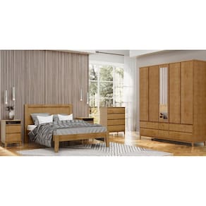 Conjunto Quarto: Guarda-Roupa 5 Portas Cama Queen Cômoda 2 Mesas Cabeceiras Freijó Prata Madeira Pinus - Finestra