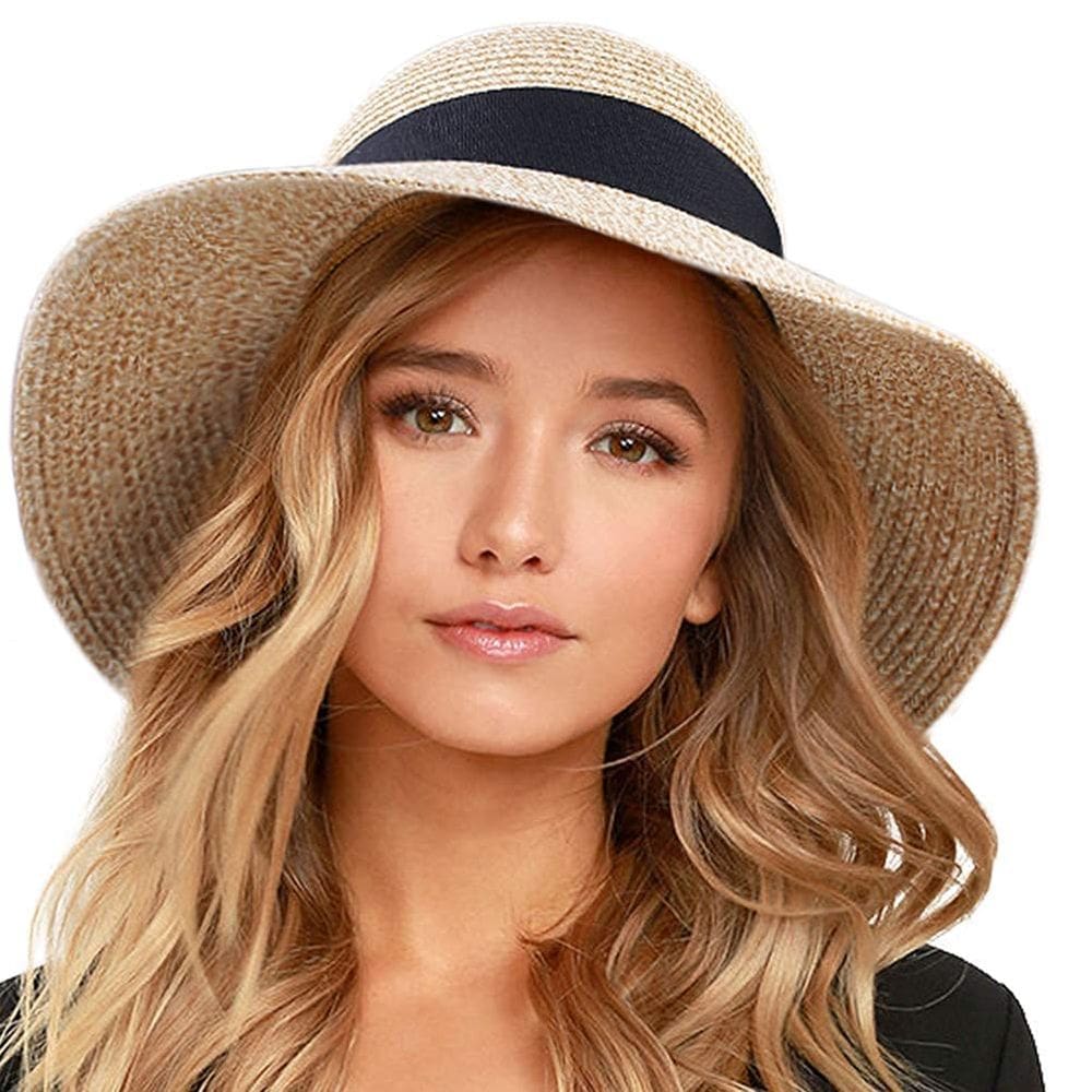 Chapéu de palha FURTALK feminino Beach Sun UV UPF 80+ dobrável bege