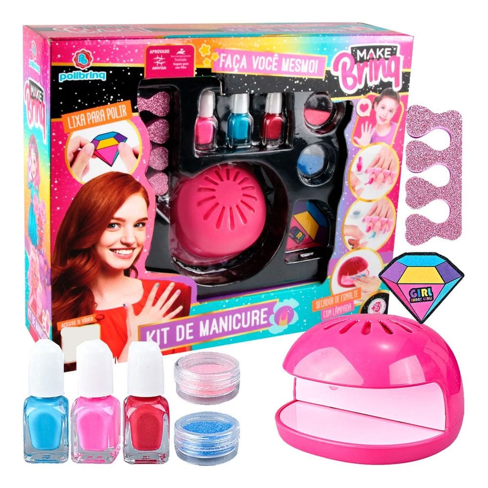 Kit Manicure Com 3 Esmaltes Secador Glitter Lixa Make Brinq