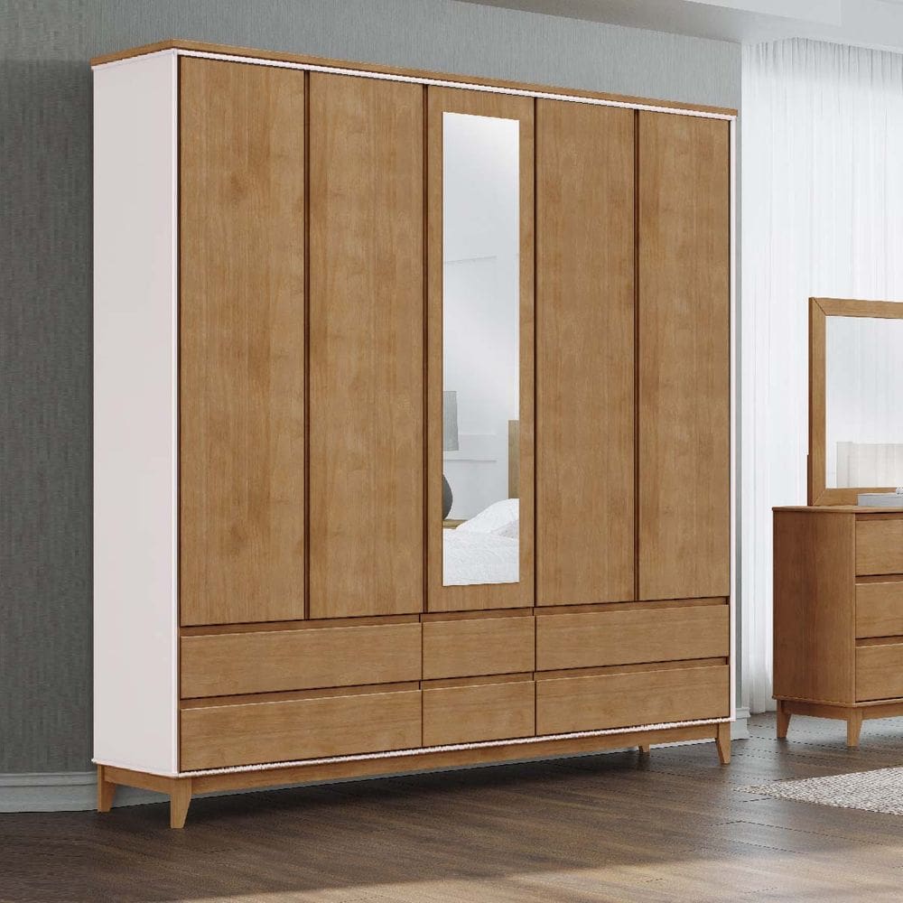 Guarda-Roupa Casal 5 Portas Espelhos 6 Gavetas Off White/Freijó Prata Madeira Pinus com MDF - Finestra