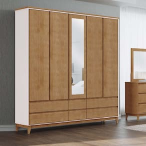 Guarda-Roupa Casal 5 Portas Espelhos 6 Gavetas Off White/Freijó Prata Madeira Pinus com MDF - Finestra
