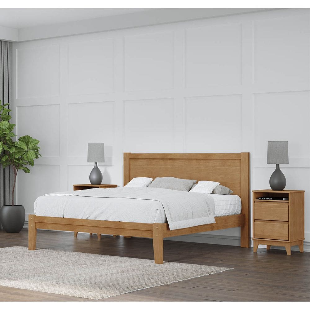 Conjunto Quarto: Cama Casal, 2 Mesas Cabeceiras Freijó Prata Madeira Pinus - Finestra