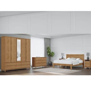 Conjunto Quarto: Guarda-Roupa 5 Portas Cama Casal Cômoda 2 Mesas Cabeceiras Freijó Prata Madeira Pinus - Finestra