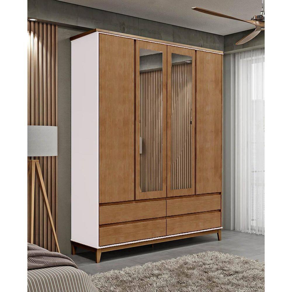 Guarda-Roupa Casal 4 Portas Espelhos 4 Gavetas Off White/Freijó Prata Madeira Pinus com MDF - Finestra