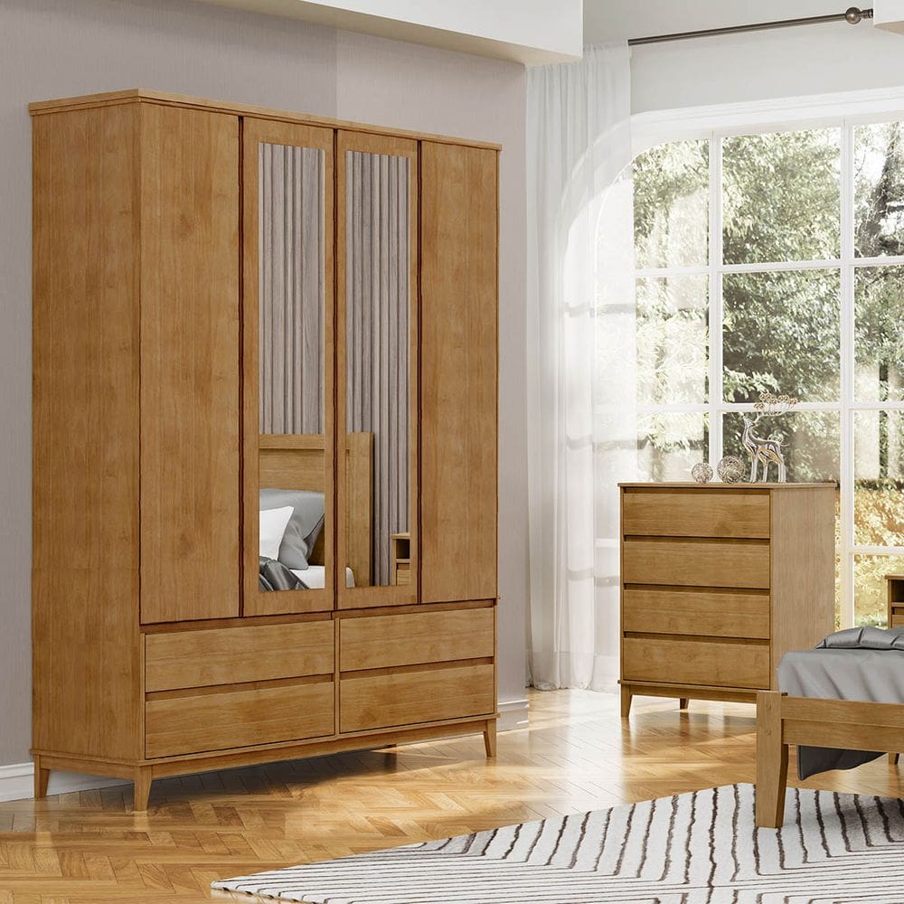 Conjunto Quarto: Guarda-Roupa 4 Portas 4 Gavetas Cômoda 4 Gavetas Freijó Prata Madeira Pinus - Finestra