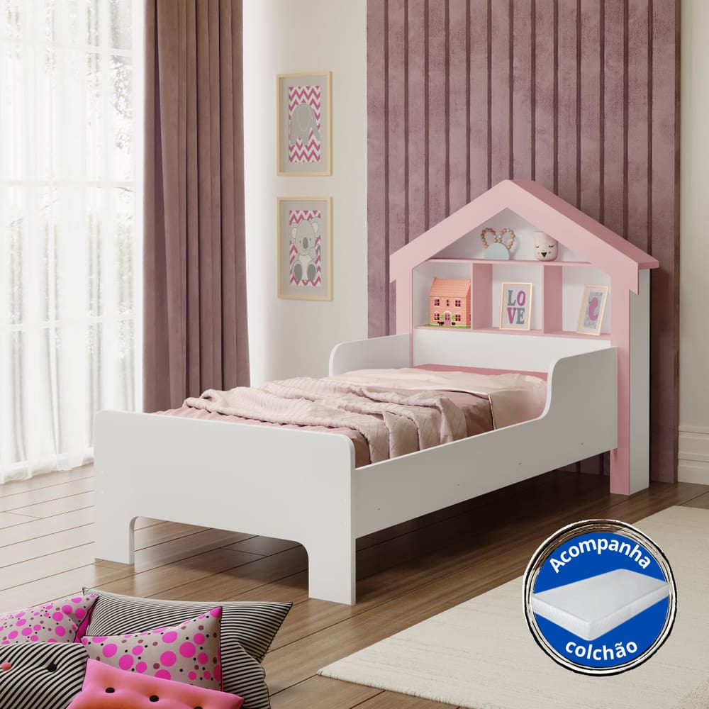 Cama Solteiro Casinha Princesa Infantil Com Proteção Lateral E Colchão
