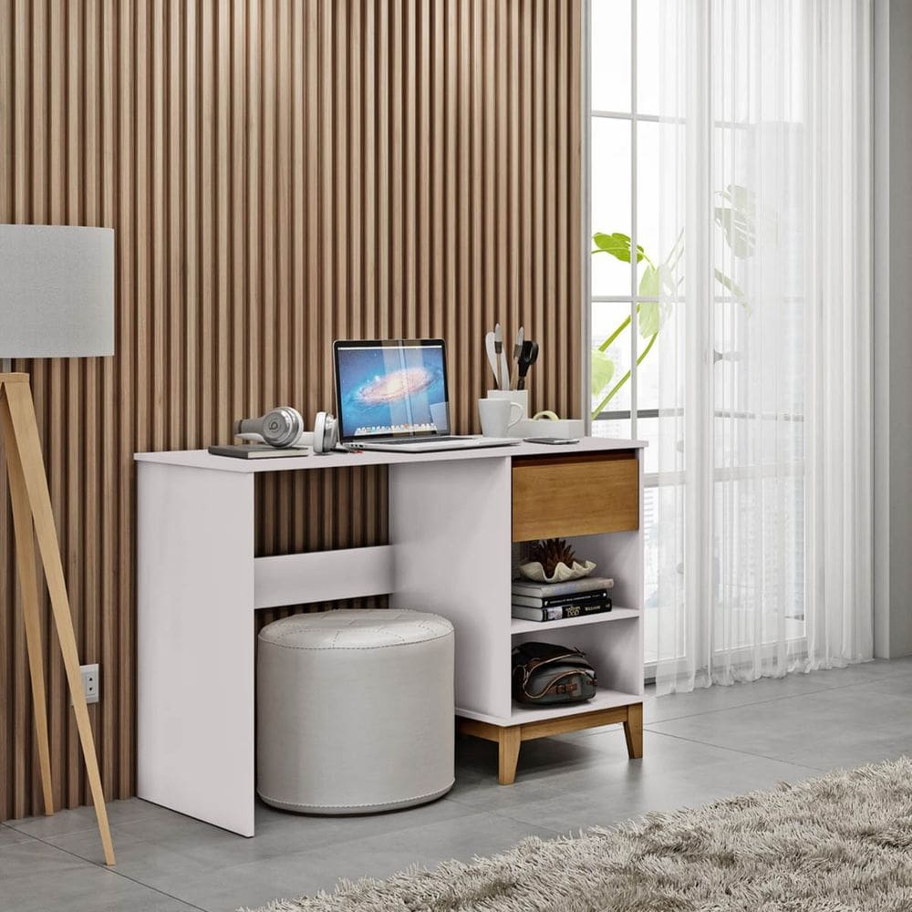Escrivaninha 1 Gaveta 1 Prateleira Off White/Freijó Prata Madeira Pinus com MDF - Finestra