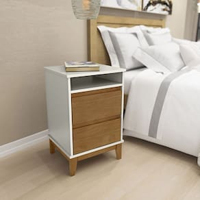 Mesa de Cabeceira 2 Gavetas c/ Nicho Off White/Freijó Prata Madeira Pinus com MDF - Finestra