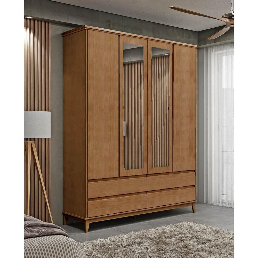 Guarda-Roupa Casal 4 Portas Espelhos 4 Gavetas Freijó Prata Madeira Pinus com MDF - Finestra