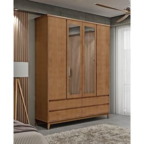 Guarda-Roupa Casal 4 Portas Espelhos 4 Gavetas Freijó Prata Madeira Pinus com MDF - Finestra