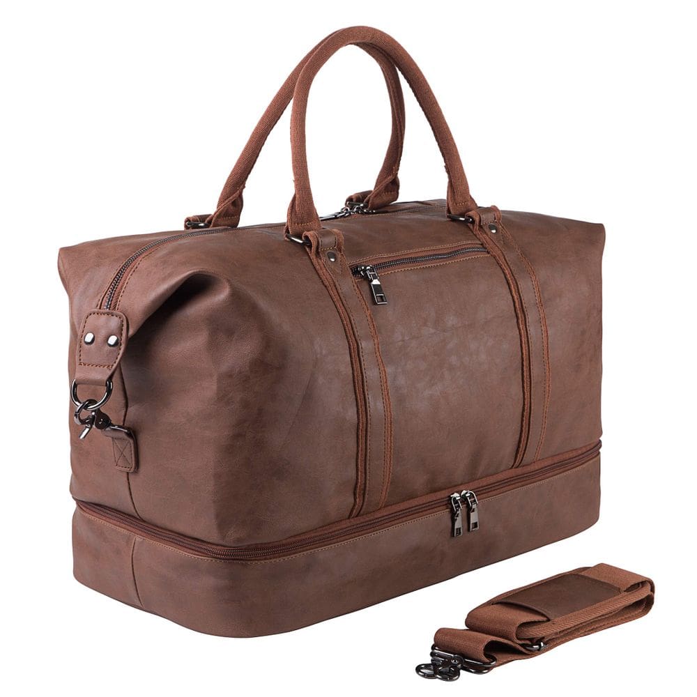 Bolsa de viagem em couro Seyfocnia impermeável com bolsa para sapatos marrom