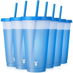 Copos de plástico Meoky 700 ml com tampas e canudos, pacote com 6 unidades que mudam de cor