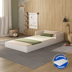 Cama Solteiro Montessoriana Branca Com Colchão 100% MDF - Potente Móveis