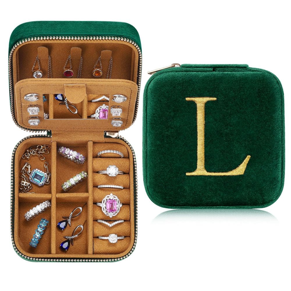 Caixa de joias Parima Sister Plush Velvet Emerald-Green Letter L