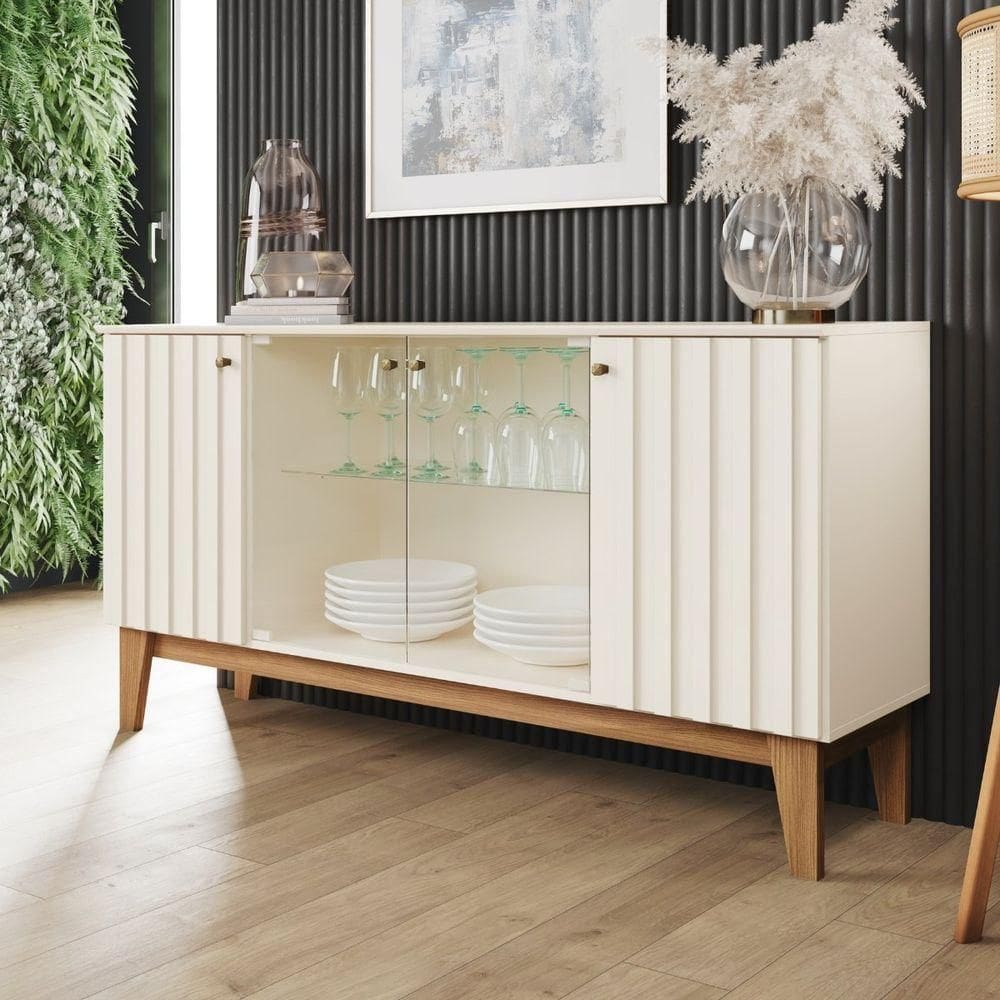 Aparador Buffet 4 Portas Ripado Com Vidro Eiffel - Off White / Nature