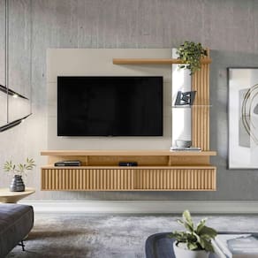 Painel Para Tv Até 60 Ripado Com Espelho 2 Portas Calêndula Carvalho/off White