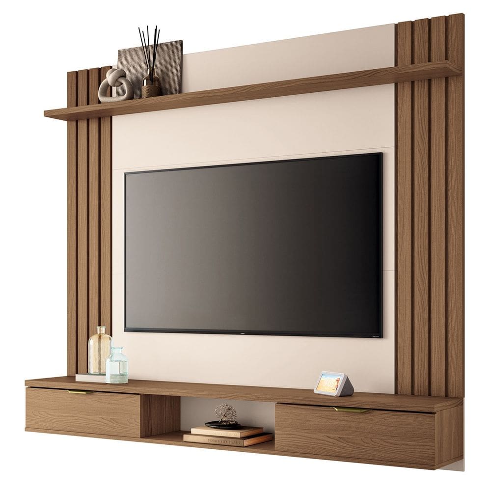 Painel TV 70 Pol 180cm Bancada Suspensa Solle H01 Off/Castanho - Mpozenato