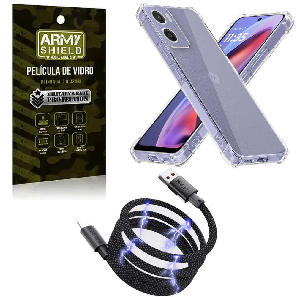 Capa Para Moto G35 + Cabo Tipo-C Magnético + Pelicula de Vidro 3D - Armyshield