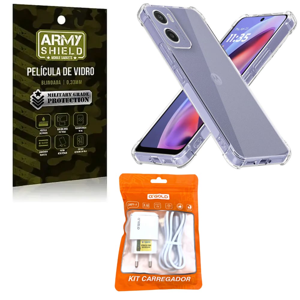Kit Capinha AntiShock P/ Moto G15 + Carregador Turbo + Pelicula 3D - ArmyShield