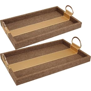 Jogo 2 Bandejas Decorativa Para Servir Retangular Home&Co Com Alças Em Metal Dourado Mdf Marrom